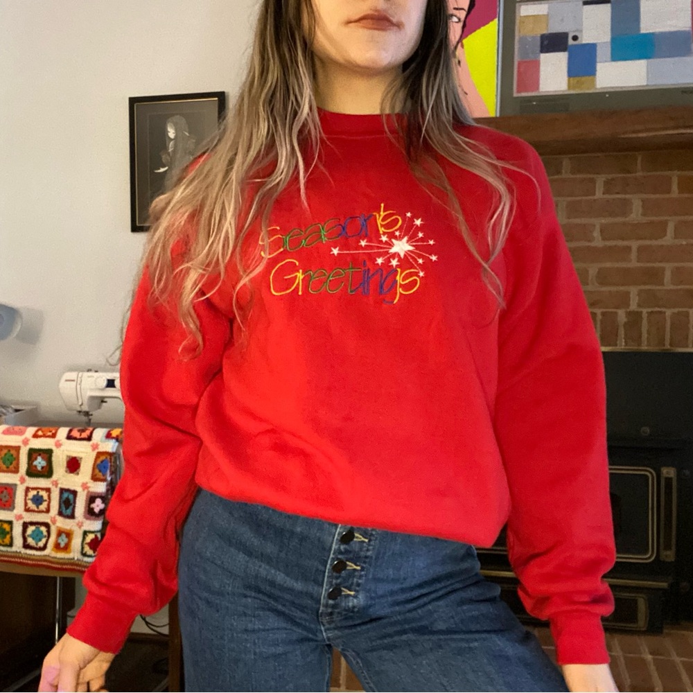 Vintage 90s Seasons Greetings Christmas Holiday Embroidered Crewneck Swe…